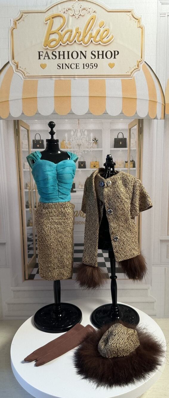 Vintage Barbie Gold 'n Glamour #1647 Outfit with Rare Long Brown Gloves - Minty